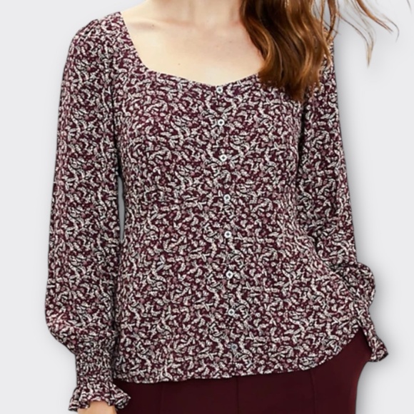LOFT Petite Women Square Neck Paisley Blouse Delicate Plum Long Sleeve Button M - Picture 1 of 10